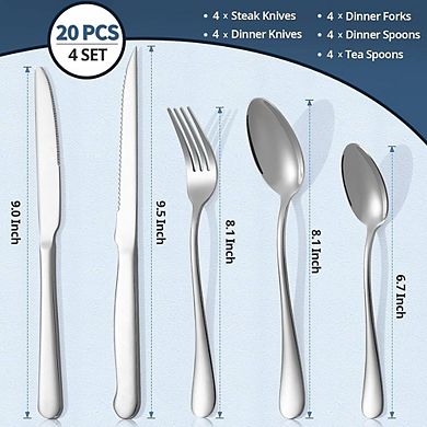 Stainless Steel Flatware Set for 4, 20-Piece Mirror Polished with Steak Knives