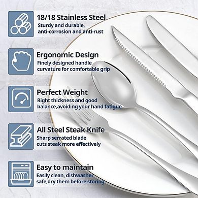 Stainless Steel Flatware Set for 4, 20-Piece Mirror Polished with Steak Knives