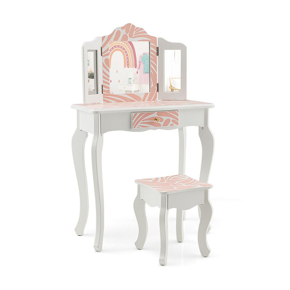 Kids Vanity Table Set With Tri Folding Mirror And Stool
