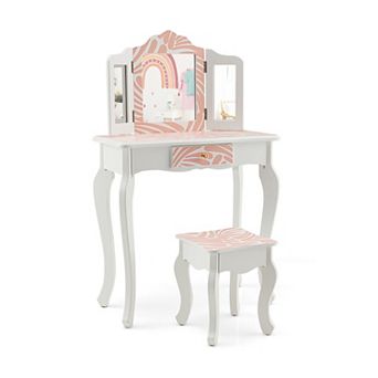 Kids Vanity Table Set With Tri Folding Mirror And Stool