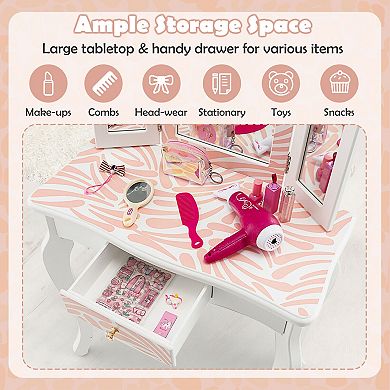 Kids Vanity Table Set With Tri Folding Mirror And Stool