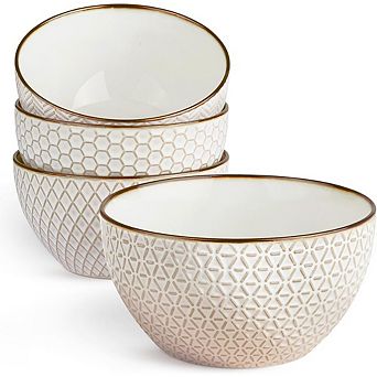 Soup Bowls, Embossed, Ceramic Bowl, for Soup, Cereal and Poke, Microwave & Dishwasher Safe, Cream wi