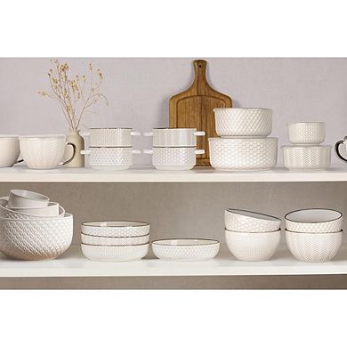 Soup Bowls, Embossed, Ceramic Bowl, for Soup, Cereal and Poke, Microwave & Dishwasher Safe, Cream wi