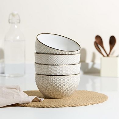 Soup Bowls, Embossed, Ceramic Bowl, for Soup, Cereal and Poke, Microwave & Dishwasher Safe, Cream wi