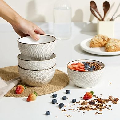 Soup Bowls, Embossed, Ceramic Bowl, for Soup, Cereal and Poke, Microwave & Dishwasher Safe, Cream wi