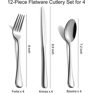 Stainless Steel Flatware Set for 4, 12-Piece Mirror Polished, Dishwasher Safe