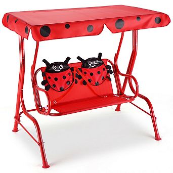 2 Seater Kids Patio Swing with Metal Stand and Adjustable Canopy, Outdoor Garden Swing for Children