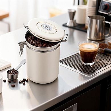 Stainless Steel Coffee Canister with Date Tracker and Scoop, Airtight Storage Jar