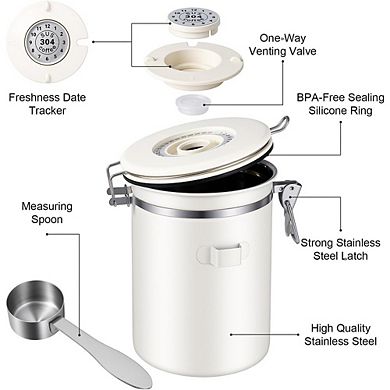 Stainless Steel Coffee Canister with Date Tracker and Scoop, Airtight Storage Jar