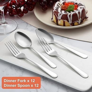 Stainless Steel Fork & Spoon Set, 24-Piece Mirror Polished, Dishwasher Safe