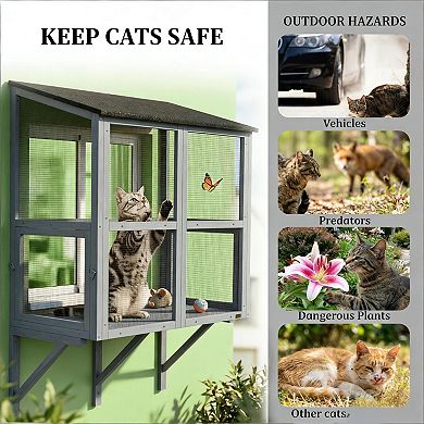 IFMALL Outdoor Wall-Mounted Pet Enclosure Double-Tier Catio Safe Window Box