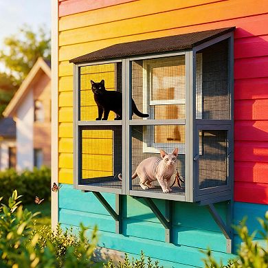 IFMALL Outdoor Wall-Mounted Pet Enclosure Double-Tier Catio Safe Window Box