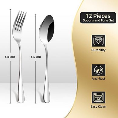 Stainless Steel Spoons & Forks Set, 12-Piece Mirror Polished, Dishwasher Safe