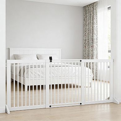IFMALL Adjustable Freestanding Wood Pet Gate with Safety Door