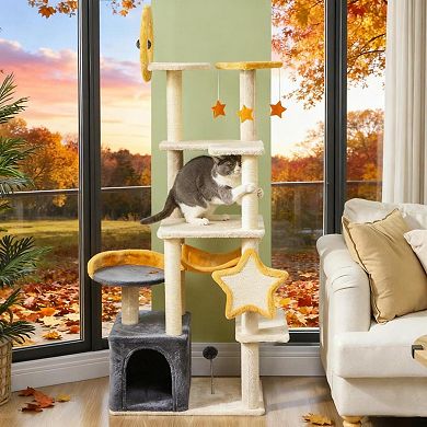 IFMALL Multi-Level Cat Activity Center with Scratching Posts and Plush Bed