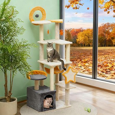 IFMALL Multi-Level Cat Activity Center with Scratching Posts and Plush Bed