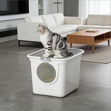 IFMALL Enclosed Top Exit Cat Litter Box with Privacy Hood and Scoop