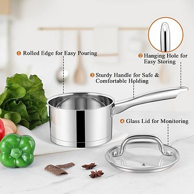Stainless Steel Saucepan with Lid Tri-Ply, Multipurpose, Dishwasher Safe