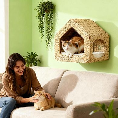 IFMALL Wall Mounted Cat House with Removable Cushion and Dual Entry Design