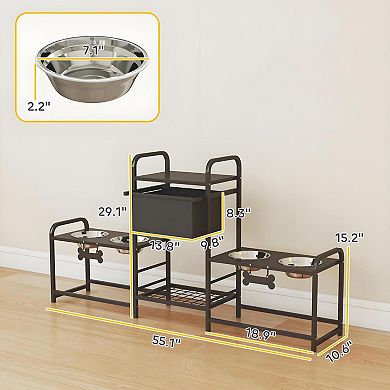 IFMALL Height Adjustable Multi-Bowl Pet Feeding Station with Storage