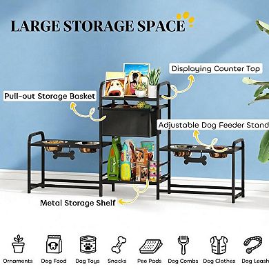 IFMALL Height Adjustable Multi-Bowl Pet Feeding Station with Storage
