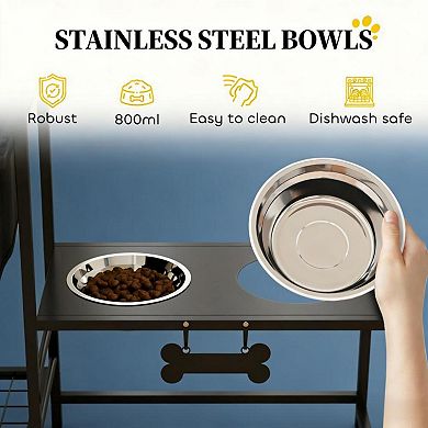 IFMALL Height Adjustable Multi-Bowl Pet Feeding Station with Storage