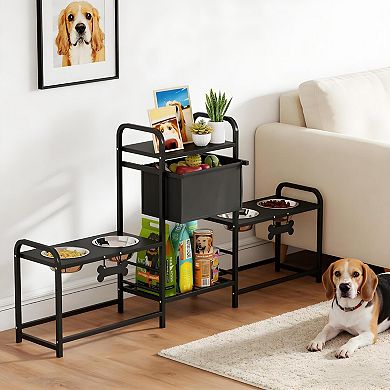 IFMALL Height Adjustable Multi-Bowl Pet Feeding Station with Storage