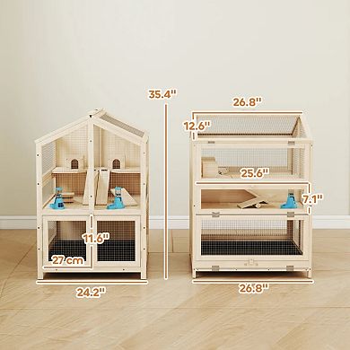 IFMALL Three-Tier Wooden Small Animal Habitat Cage with Activity Platforms