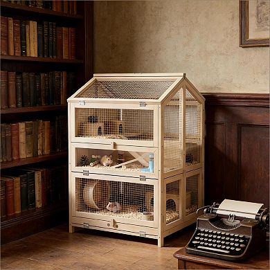 IFMALL Three-Tier Wooden Small Animal Habitat Cage with Activity Platforms