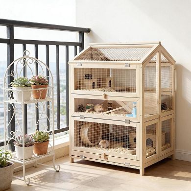 IFMALL Three-Tier Wooden Small Animal Habitat Cage with Activity Platforms