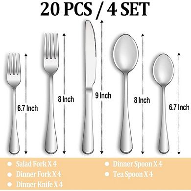 Stainless Steel Flatware Set for 4, 20-Piece Mirror Polished, Dishwasher Safe