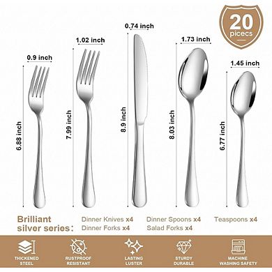 Stainless Steel Flatware Set for 4, 20-Piece Durable Dishwasher Safe