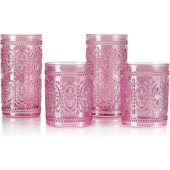 Vintage Pink Glasses Set of 4, Highball & Beverage Glasses, 1012 oz