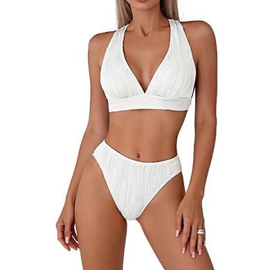 Womens Two Piece Swimsuit Tie Back Back Design Textured Bikini Sets