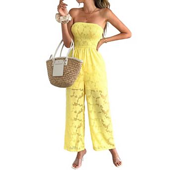 Women's Strapless Floral Jumpsuit Smocked Bandeau Wide Leg Romper with Pockets Casual Summer Outfit