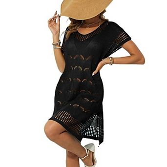 Women's Summer Casual Crochet Hollow Out Knit Beach Cover-Up Short Dress V-Neck Swim Slit Midi Dress