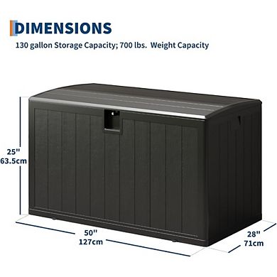130 Gallon Resin Outdoor Deck Box, Waterproof Weather-Resistant Storage Bin, 480 LBS Capacity