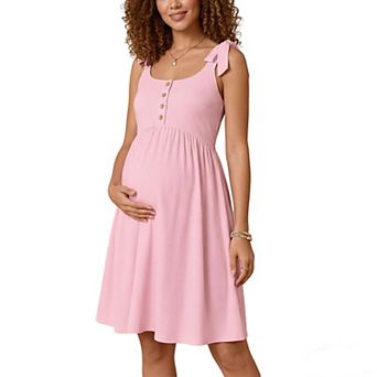 Women's Maternity Striped Tie Shoulder Dress Smocked Back A-Line Casual Summer Dress Baby Shower