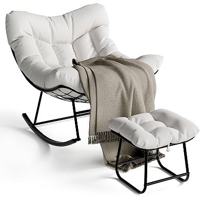 Oversized Papasan Rocking Chair with Footrest, All-Weather Wicker, for Patio & Bedroom