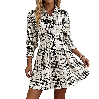 Womens Long Sleeve Plaid Print Shirt Dress Button Front Casual Elegant Dresses