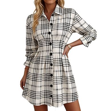 Womens Long Sleeve Plaid Print Shirt Dress Button Front Casual Elegant Dresses