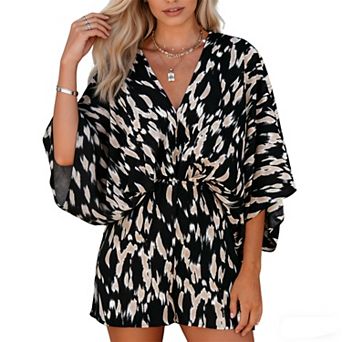 Women's Floral Print Batwing Sleeve Romper, Drawstring Waist V-Neck Summer Jumpsuit