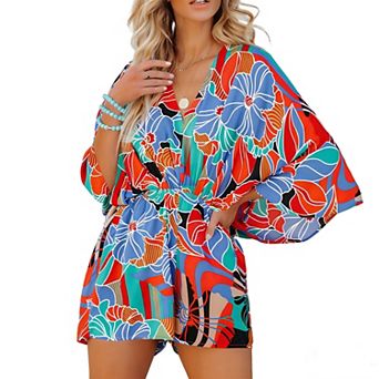 Women's Floral Print Batwing Sleeve Romper, Drawstring Waist V-Neck Summer Jumpsuit