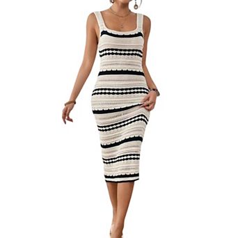 Womens Striped Knit Sweater Midi Dress Summer Casual Sleeveless Bodycon Beach Vacation Long Sundress