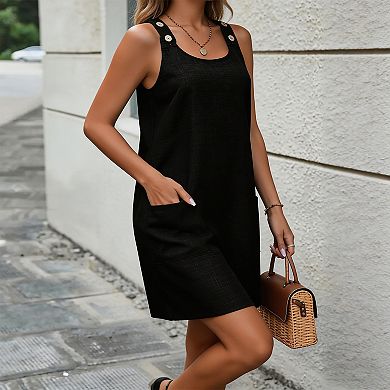 Women's Blue Linen Blend Sleeveless Shift Dress, Pocketed Casual Sundress for Summer