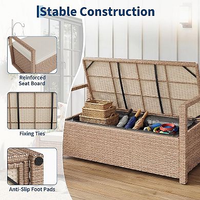 Wicker Ottoman Bench, Waterproof White Seat, Iron Frame Storage