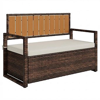 Wicker Ottoman Bench, Waterproof White Seat, Iron Frame Storage