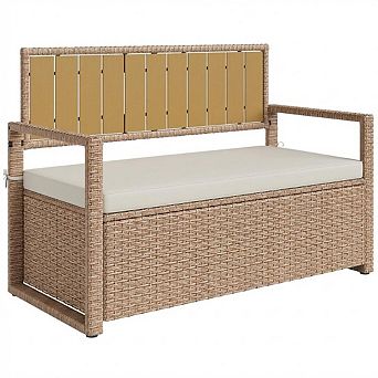 Wicker Ottoman Bench, Waterproof White Seat, Iron Frame Storage