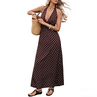 Women's Halter Neck Polka Dot Maxi Dress, Smocked Back Sleeveless Summer Beach Dress