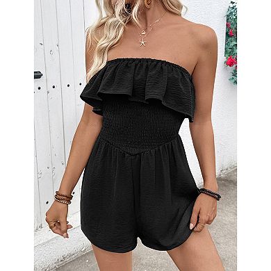 Women's Ruffle Smocked Wide Leg Boho Short Romper Strapless Summer Casual Jumpsuit Sleeveless Outfit